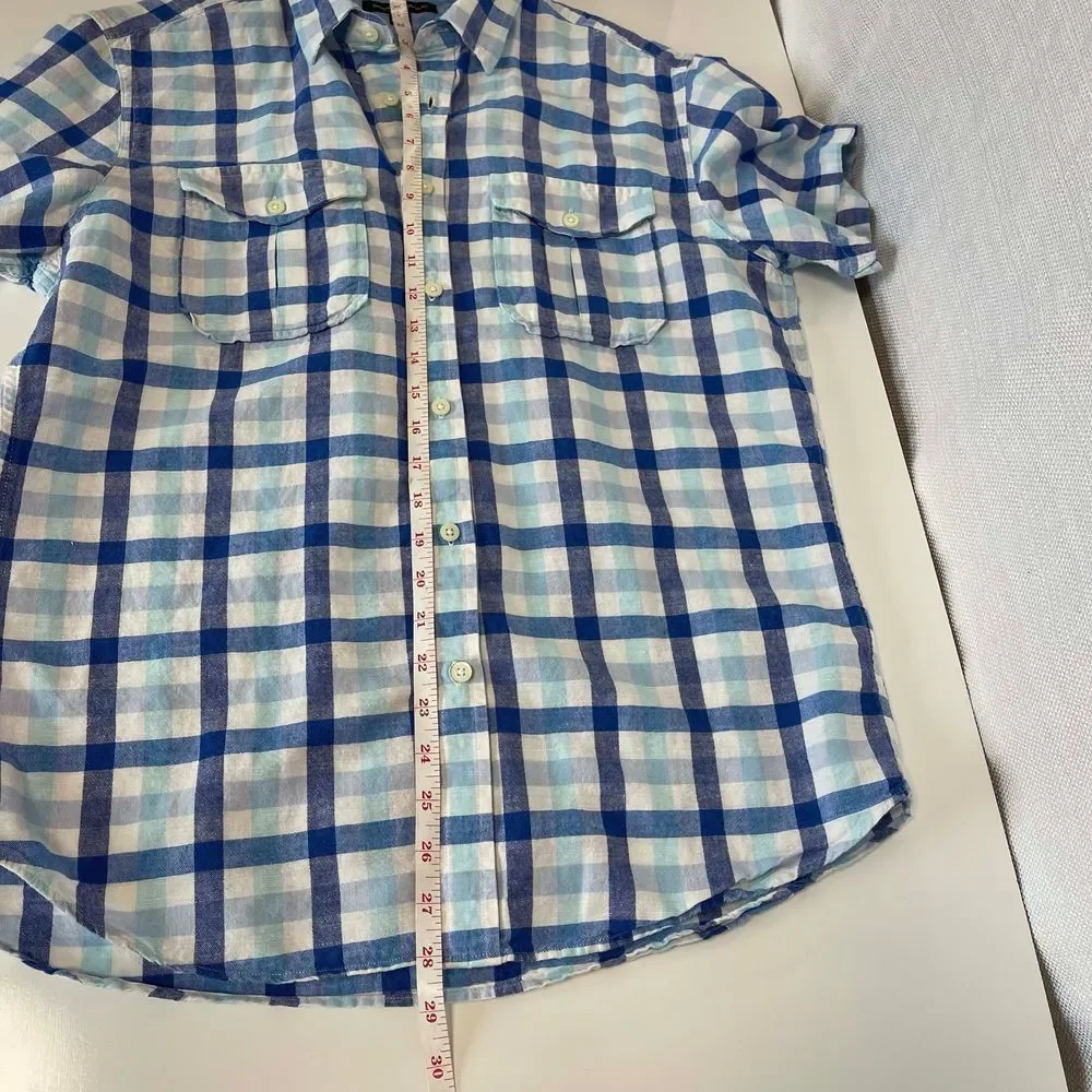 Banana Republic Men Linen/Cotton Blue and White Plaid Shirt Sz M